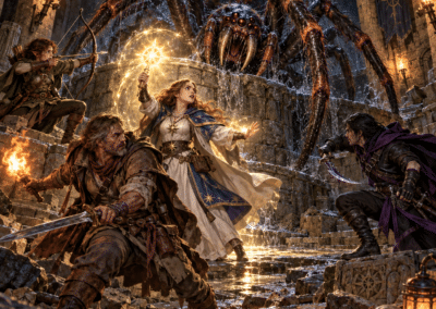 Fen, Gor, and Liora battling the Wellkeeper in the Shrine of the Watch of Saint Avarren